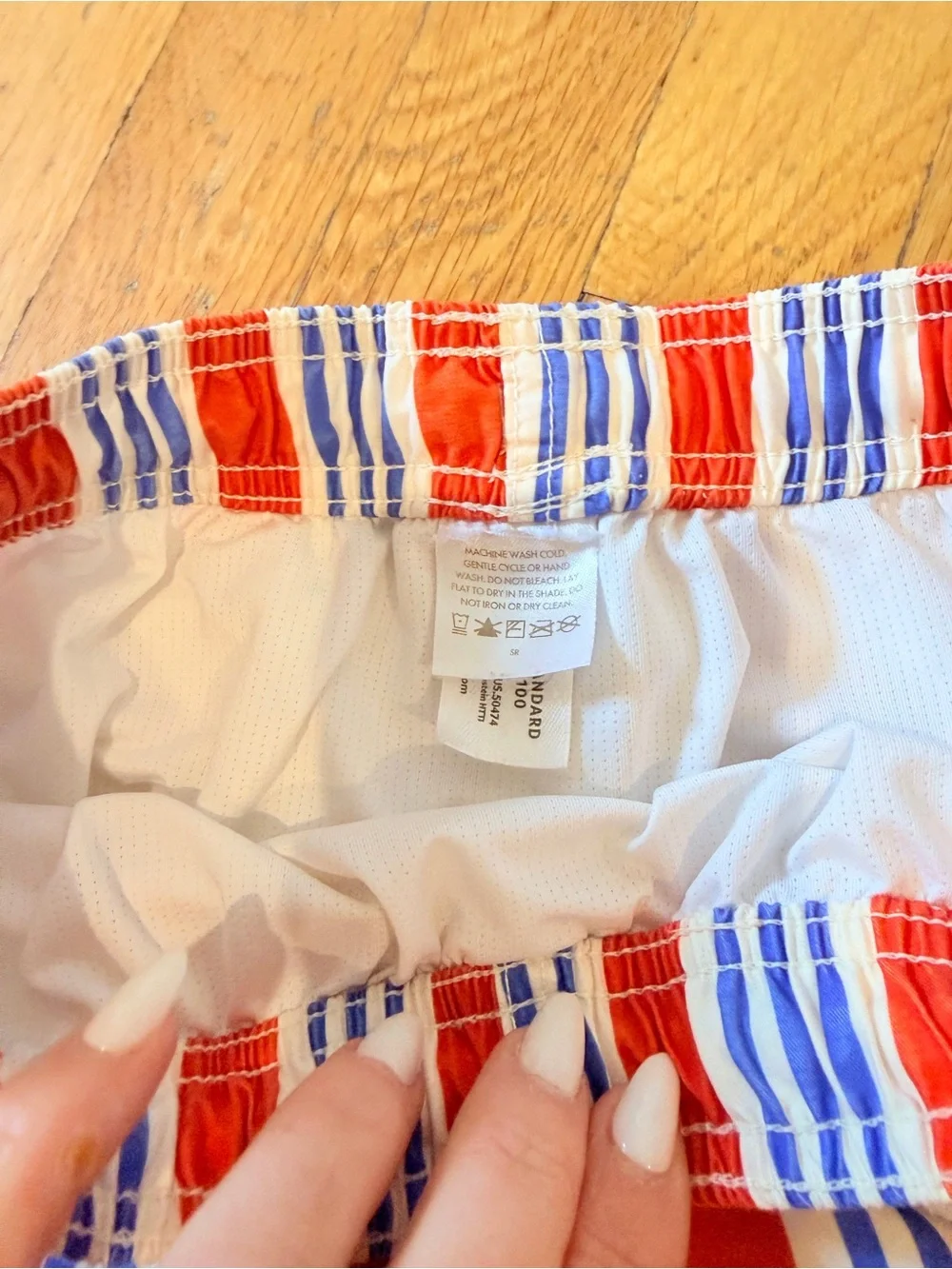 hanna andersson boys Red and Blue Striped Drawstring Swim trunks size 12